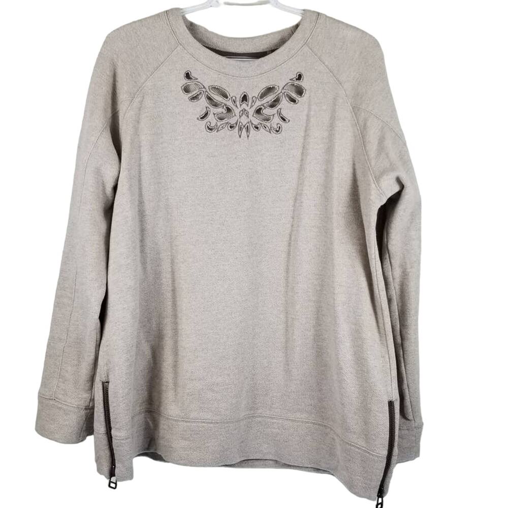 Soft Surroundings Heathered Beige Side Zippers Cut out Design Sweatshirt Sz M